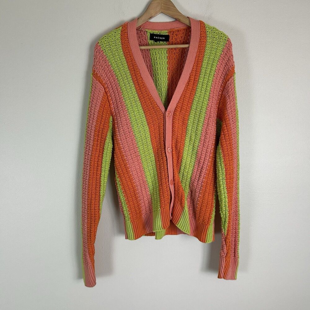 Pacsun S Men’s Cardigan Colorful Rainbow Stripe Sunrise Dopamine 3D Knit Texture